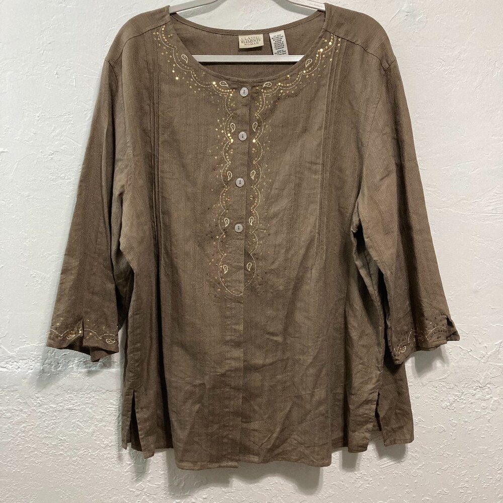 Classic Elements long sleeve button up blouse linen blend Brown Sequins 20-22W